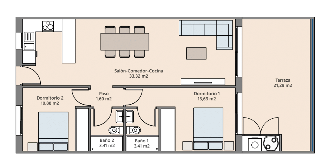 Piso de 2 dormitorios y 2 baños con terraza 