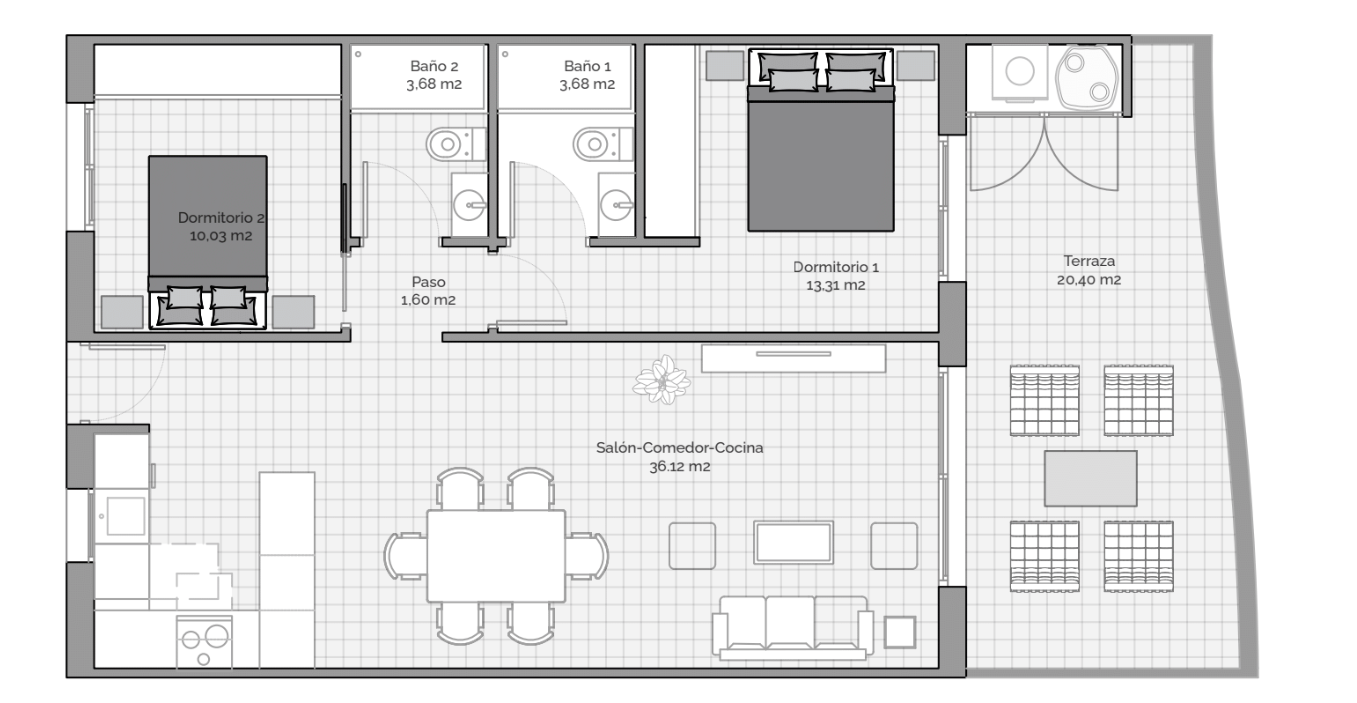 Piso de 2 dormitorios y 2 baños con terraza
