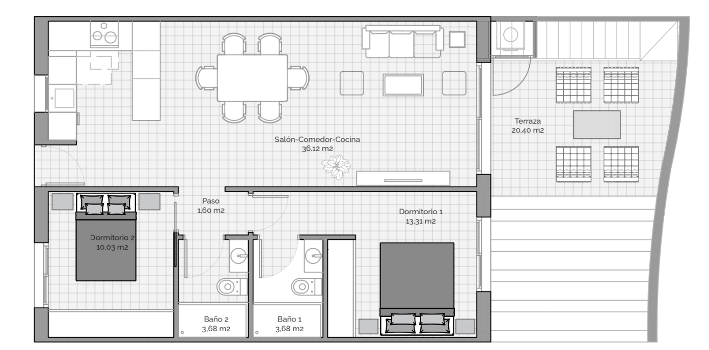 Ático de 2 dormitorios y 2 baños con terraza y solárium